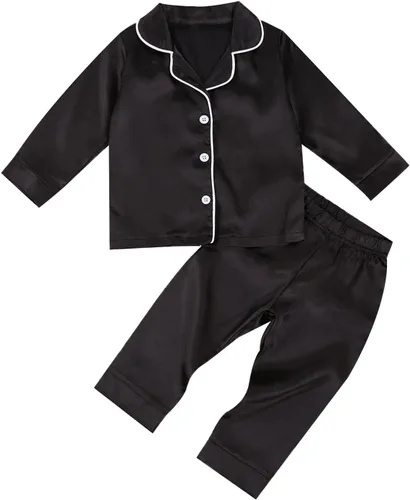 Vista 20 de Conjunto de pijama de satén para niños, niña y niño, con botones, camiseta para dormir+pantalones largos, ropa para dormir y de estar en casa W Rosa