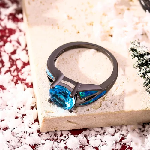 Vista 4 de UFOORO Anillo infinito de ópalo de fuego chapado en rodio negro, circonita cúbica, boda, compromiso, aniversario, anillos para mujer, Cristal