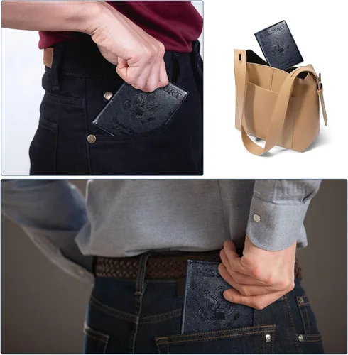 Vista 5 de Funda para pasaporte con bloqueo RFID de piel, tarjetero con ranura para tarjetas, accesorios de viaje, organizador de documentos, protector