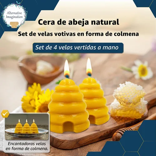 Vista 2 de Alternative Imagination Beehive - Velas votivas – Paquete de 4 velas de cera de abeja pura vertidas a mano con mechas de algodón – Sin perfume,