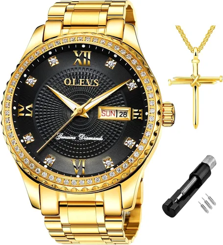 Vista 52 de OLEVS - Relojes de diamantes para hombres, relojes de vestir a prueba de agua, relojes analógicos de cuarzo de lujo con calendario de fecha y correa