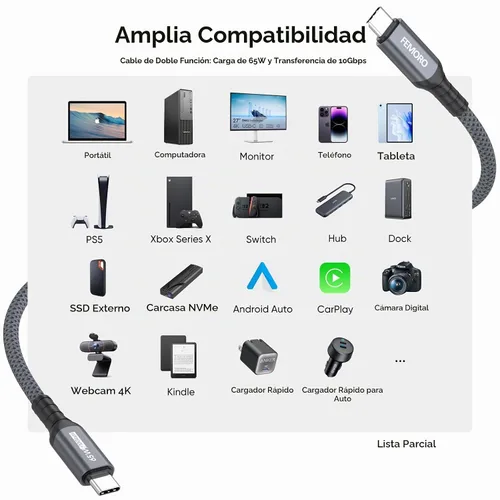 Vista 5 de Cable de datos USB C a USB C, 1.5 pies de transferencia de datos corta de 10 Gbps de carga de 65 W