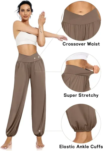 Vista 3 de UEU Pantalones deportivos de yoga con bolsillos para mujer, estilo harem cruzado, cintura alta, holgados, casuales, para descansar, para descansar