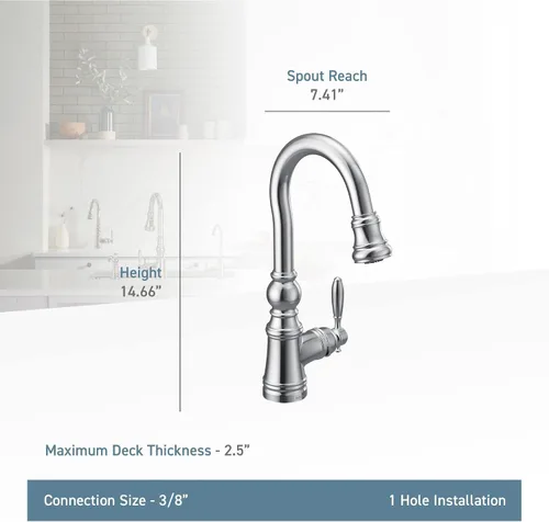 Vista 3 de Moen S53004BG Weymouth Shepherd's Hook Grifo de barra de cocina desplegable con varilla de metal con limpieza eléctrica, oro cepillado