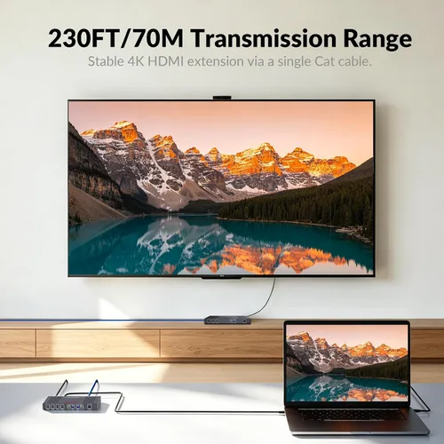 Vista 4 de 4K@60Hz HDBaseT HDMI Over Ethernet Extender Over Cat6/7 upto 230ft 4K@60Hz 4:4:4, HDCP 2.3, HDMI Loop-Out, Test Pattern Function, EDID, Audio