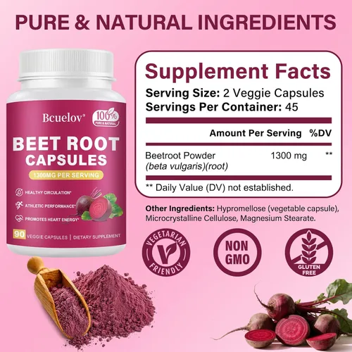 Vista 2 de Cápsulas de raíz de remolacha Cápsulas de polvo de remolacha pura de 1300 mg - Apoya la presión arterial, energía natural y resistencia - 90
