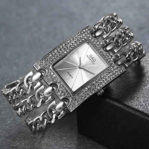 Vista 2 de Reloj de pulsera para mujer, cuadrado, redondo, plateado, con bisel de cristal, brazalete con bisel de cristal, estilo casual, a la moda