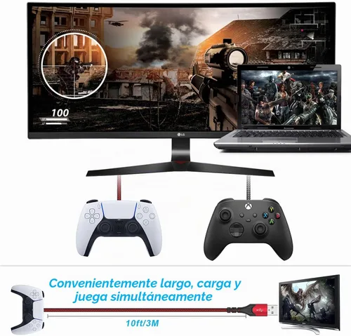 Vista 6 de Cable de carga para controlador PS5 – Paquete de 2 cables de datos tipo C a USB A de 10 pies, cable de sincronización de alta velocidad
