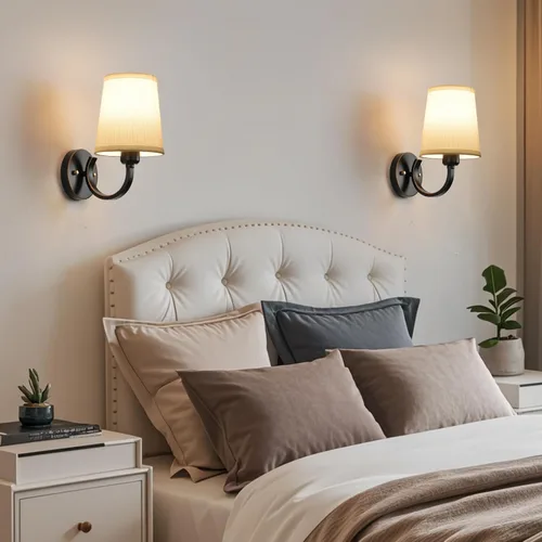 Vista 2 de Juego de 2 Apliques de Pared, Lámparas de Pared Modernas para Dormitorio, Apliques Luminaria de Pared con Pantalla de Tela Beige, Lámparas de Pared