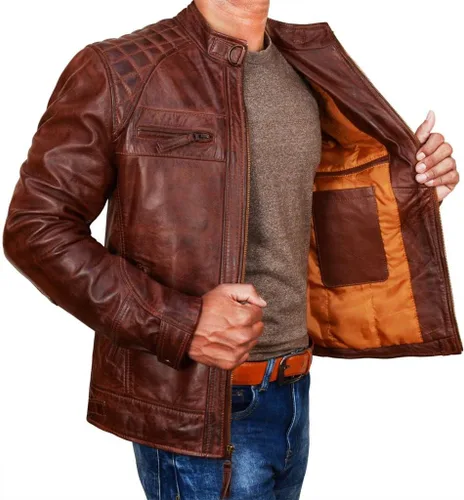 Vista 3 de STOREJEES Chaqueta de cuero para motocicleta para hombre, color negro, ajuste delgado, color marrón, estilo Moto Racer, moda atemporal para hombre