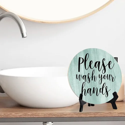 Vista 8 de Round Please Wash Your Hands, letrero decorativo de mesa de baño verde claro con caballete acrílico