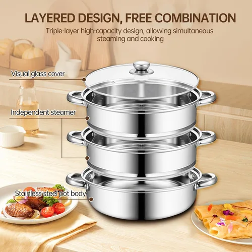 Vista 4 de Olla de vapor de acero inoxidable de 3 niveles con tapa, ollas de vapor multiusos para cocinar, juego de vapor de verduras y albóndigas con asas
