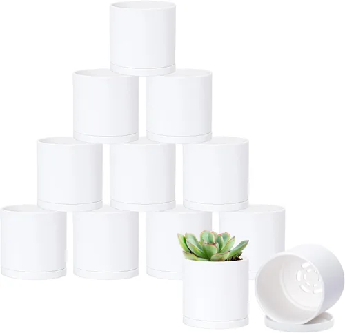 Vista 23 de D'vine Dev - Paquete de 2 macetas de plástico modernas de 4 pulgadas, pequeñas macetas de jardín para plantas con orificios de drenaje y platillos