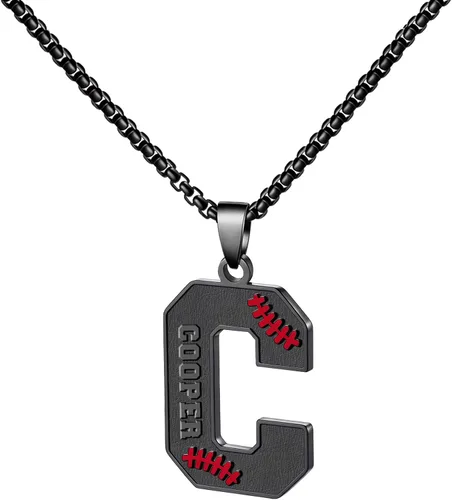 Vista 89 de Ldurian Collar personalizado con nombre de béisbol, cadena negra de acero inoxidable, collar con nombre deportivo, letra A-Z de 24 pulgadas, regalos