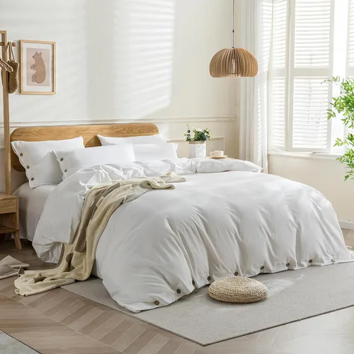 Vista 2 de JELLYMONI - Funda de edredón, 100 % algodón lavado con textura similar al lino, ropa de cama suave y transpirable de 3 piezas con cierre de botón