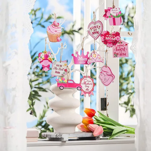 Vista 4 de FairySandy 36 piezas de adornos para el día de la madre para árbol de madera, rosa, mamá, mujeres, decoración de árbol, flores rústicas, magdalenas