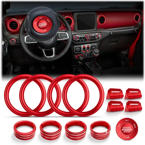 Vista 22 de Wrangler JL/JLU y Gladiator JT 2018-2026 - Accesorios de aluminio para botón de arranque, CA, volumen de audio, faros delanteros e interruptores