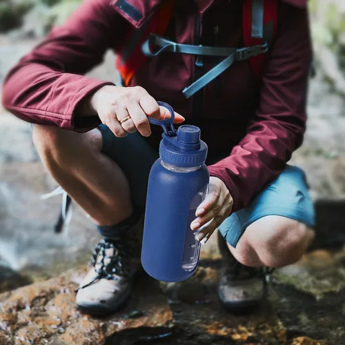 Vista 6 de EALGRO Botella de agua de vidrio de 32 onzas con popote y asa, frasco de agua motivacional deportivo con funda de silicona, taza grande a prueba
