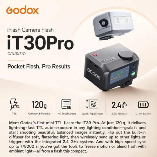 Vista 3 de Godox iT30Pro S TTL Mini cámara flash para Sony ZV-E10 a7IV a7CII a6700 ZV-1 ZV‑E10 II A7III A7R V A7SIII ZV‑1 A7CR a6600 a6300, etc., 2.4G HSS