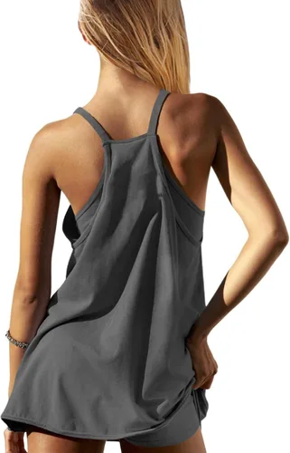 Vista 2 de UNIANKIYA Vestido de tenis para mujer, minivestido de entrenamiento con mameluco integrado, sin mangas, tirantes delgados, vestido de golf atlético