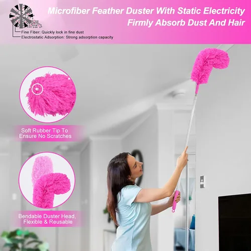 Vista 3 de Plumeros de microfibra para limpieza, plumeros con poste de extensión, plumeros flexibles y lavables para ventiladores de techo alto, persianas