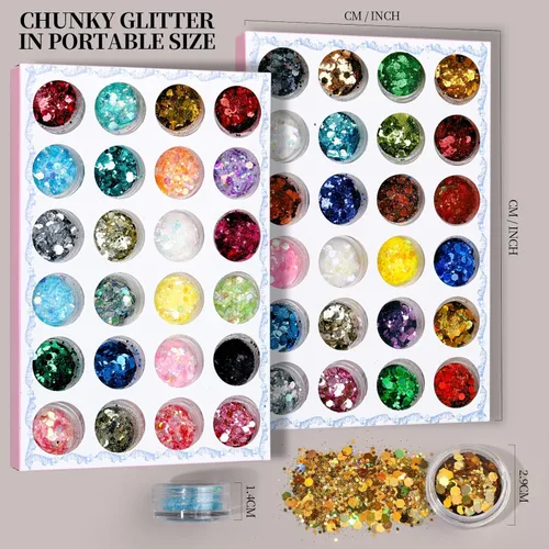 Vista 3 de FANDAMEI Purpurina gruesa, purpurina holográfica de 48 colores para manualidades, purpurina arcoíris para arte de uñas de resina, manualidades