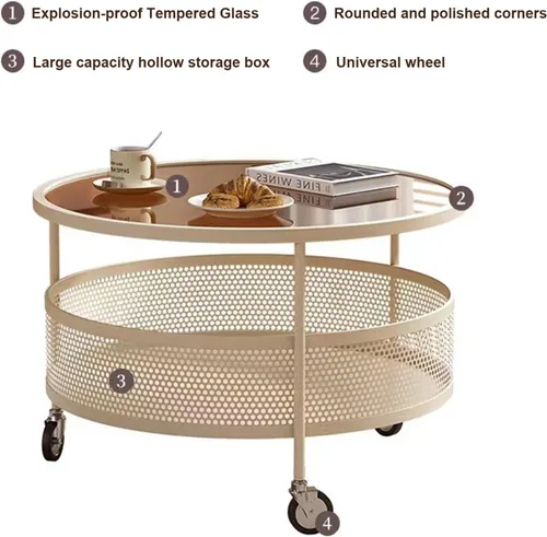 Vista 4 de Mesa de centro de cristal con ruedas giratorias, mesa de té redonda de 2 niveles con cesta de almacenamiento hueca de hierro, moderna mesa central
