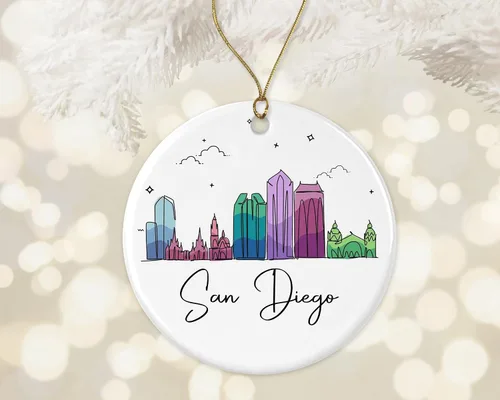 Vista 2 de Adorno de San Diego, adorno de Navidad con puntos de referencia, colorido gráfico de horizonte de ciudad, nuevos regalos para Navidad impresos