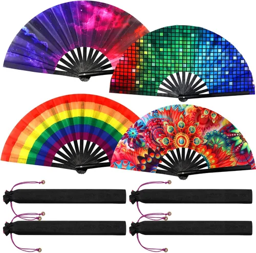 Vista 9 de Qunclay Paquete de 4 abanicos plegables grandes para rave de mano para baile de línea, fanáticos chinos, japoneses, para fiestas de festivales