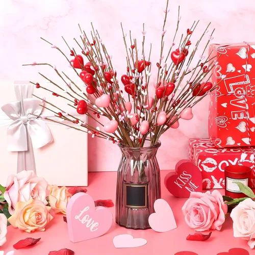 Vista 4 de Lyrow 24 tallos artificiales de bayas para el día de San Valentín, ramas en forma de corazón, ramas para primavera, día de la madre, Navidad, boda