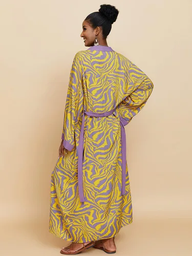 Vista 3 de RanRui Kimono de playa con estampado de cebra amarilla, holgado, frente abierto, bata de algodón, bata de traje de baño para mujer, bata de plumero