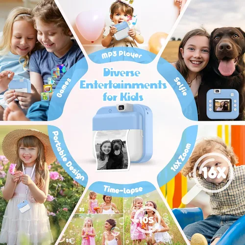Vista 4 de Cámara para niños con impresión instantánea: cámara digital con lente abatible, regalo de cumpleaños para niños y niñas, fotos de impresión