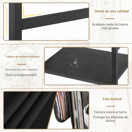 Vista 4 de Bikoney Soporte para Tocadiscos, Soporte para Tocadiscos con Almacenamiento de Discos de Vinilo de 3 Niveles, Mesa para Tocadiscos de Hasta 200