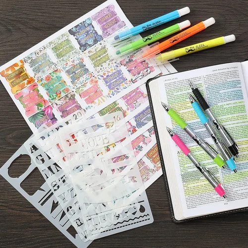 Vista 8 de Mr. Pen - Kit de diario bíblico con marcadores/resaltadores de Biblia y bolígrafos sin derrames, pestañas de Biblia, plantillas, regla, regalos
