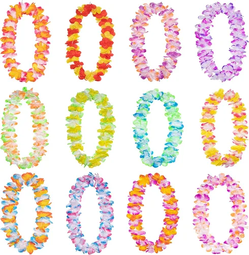 Vista 4 de FreshDear 12 unidades de leis hawaianos a granel, leis para fiesta luau, leis hawaianos para adultos, regalos de fiesta en la playa para adultos