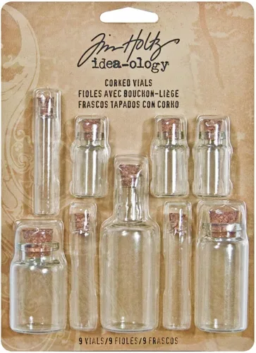 Vista 2 de Frascos con corcho por Tim Holtz Idea-ology, 9 botellas de vidrio, varios tamaños, transparentes, TH92899