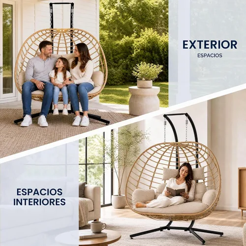 Vista 9 de SWITTE Silla doble colgante con forma de huevo con soporte, columpio de mimbre para exterior, 2 plazas, con cojín, para patio, dormitorio