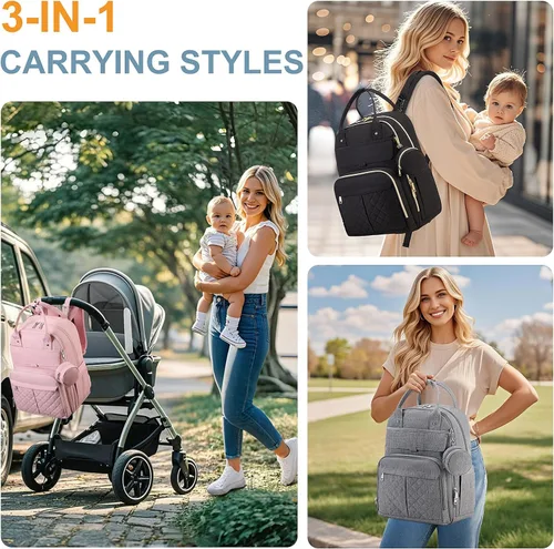 Vista 8 de MOONBABY Mochila para pañales, bolsas de pañales para bebés con cambiador portátil y estuche para chupete, mochilas multifuncionales para pañales