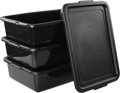Vista 6 de Tina de autobús de plástico negro de 13 L con tapa, paquete de 3 bandejas de autobús