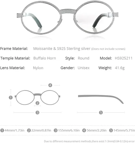 Vista 2 de HEPIDEM 925 plata esterlina 560pcs moissanita Buffalo Horn Glasses Frame Lujo Buffs Gafas