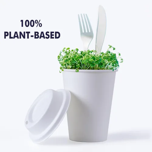 Vista 2 de KTOB [paquete de 50] Tazas de café compostables de 12 onzas con tapas y mangas kraft, combo de tazas de papel blanco desechables ecológicas