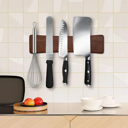 Vista 5 de HOSHANHO Tira magnética para cuchillos, poderosas tiras magnéticas de madera de acacia, soporte magnético para cuchillos para pared, 10 pulgadas