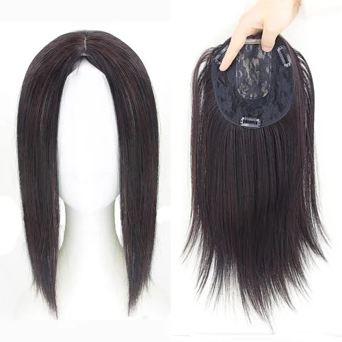 Vista 3 de Clip en la frente postizo recto parte media cuello longitud mujeres pelo Topper extensión marrón rojizo oscuro