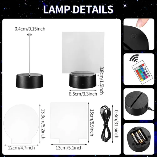 Vista 2 de Honoson 4 Piezas Bases de Lámpara LED Nocturna 3D con 4 Piezas Láminas de Acrílico Transparente Control Remoto Cable USB Ajustable 16 Colores 4