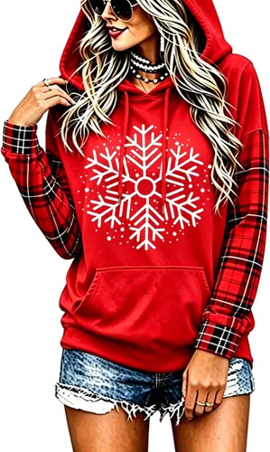 Vista 13 de LLHXRUI Sudadera de Navidad con diseño de árbol a cuadros y rayas para mujer, camiseta con bolsillo con capucha, manga larga, bloque de color Como