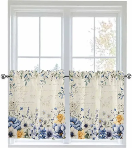 Vista 6 de Cortinas florales azules de primavera de 24 pulgadas de largo, 2 paneles, paneles de cortina con bolsillo para barra, flores botánicas de verano