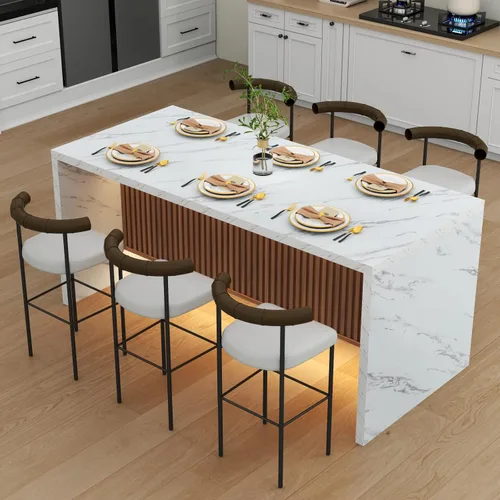 Vista 10 de Mesa de comedor grande de imitación de mármol de 63" para 4-6 personas (patente pendiente), mesa de isla con luces LED, mesa de comedor de cocina