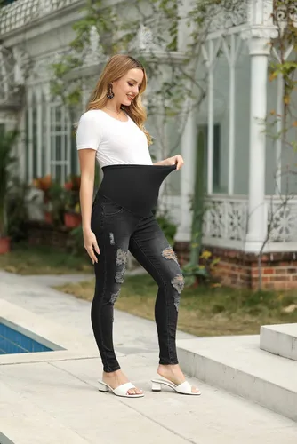 Vista 3 de Maacie Jeans de maternidad sobre el vientre, pantalones de mezclilla rasgados ajustados con bolsillos reales