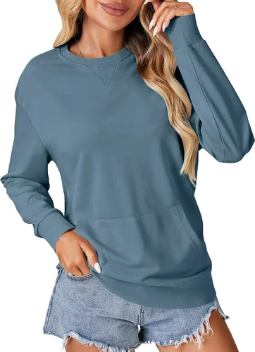 Vista 8 de OPOIPIN Suéter con bolsillo de manga larga y cuello redondo para mujer, estilo casual