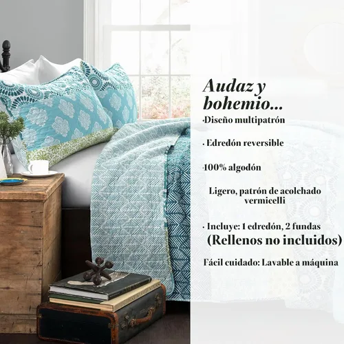 Vista 8 de Lush Decor - Juego de ropa de cama de 3 piezas, colorido diseño bohemio a rayas, reversible Azul & Verde